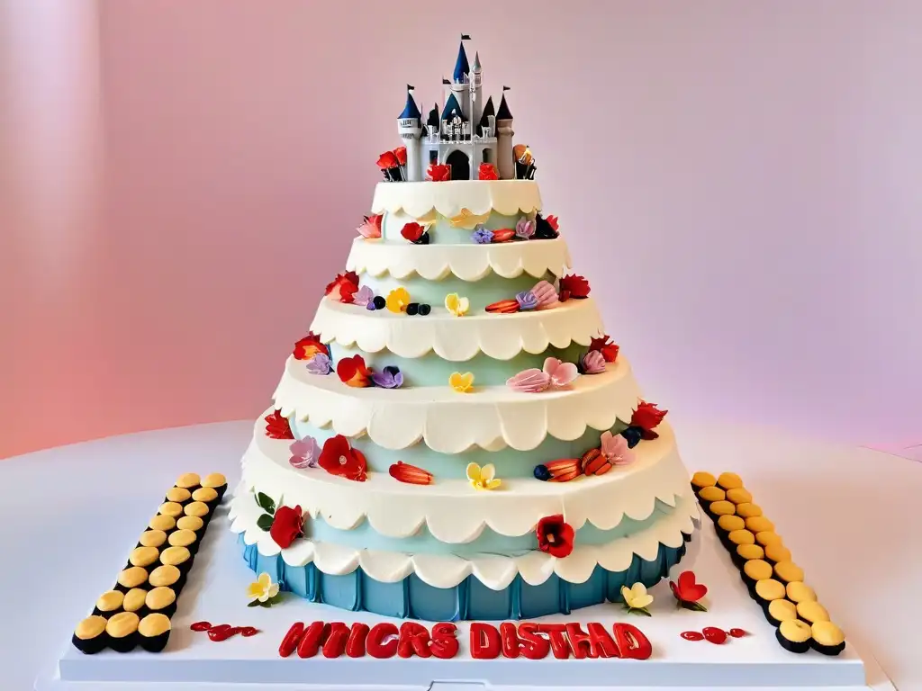 Una mesa de postres inspirados en películas Disney con cupcakes, pastel de castillo y macarons en colores vibrantes