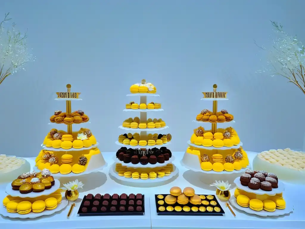 Delicadas delicias gourmet en mesa lujosa Una mesa de postres de lujo para eventos con macarons dorados, trufas de chocolate y pasteles decorados elegantemente