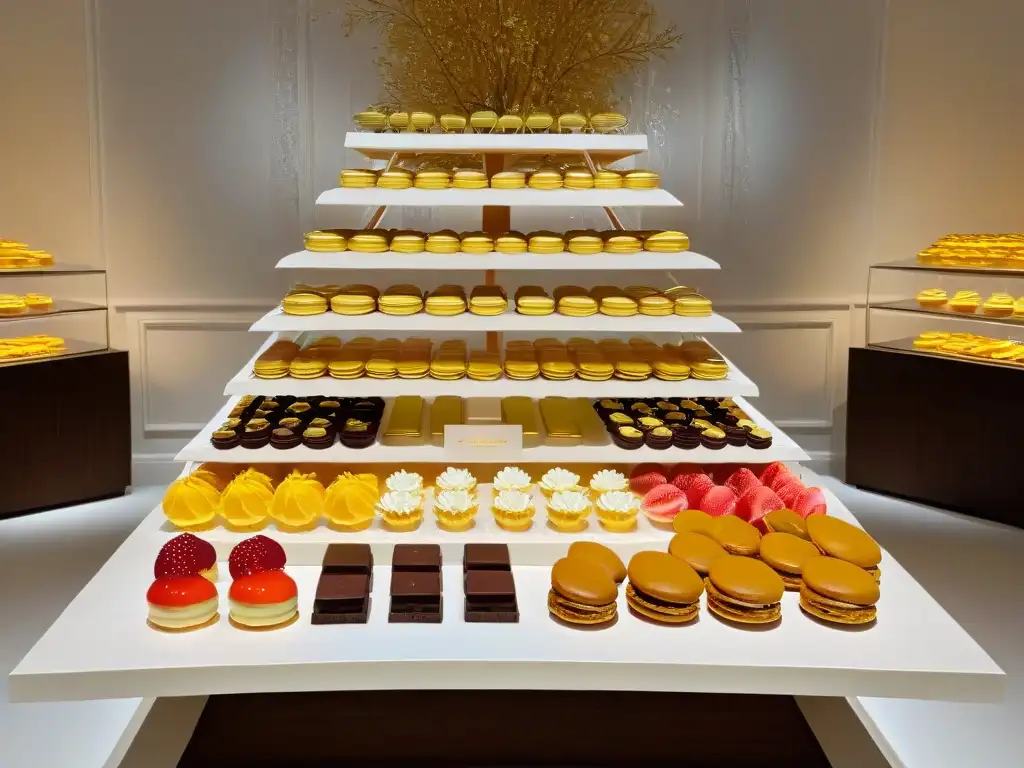 Exquisita mesa de postres de lujo en evento elegante Una mesa de postres de lujo para eventos con delicias elegantemente elaboradas y diseño intrincado, iluminación cálida resaltando su sofisticación