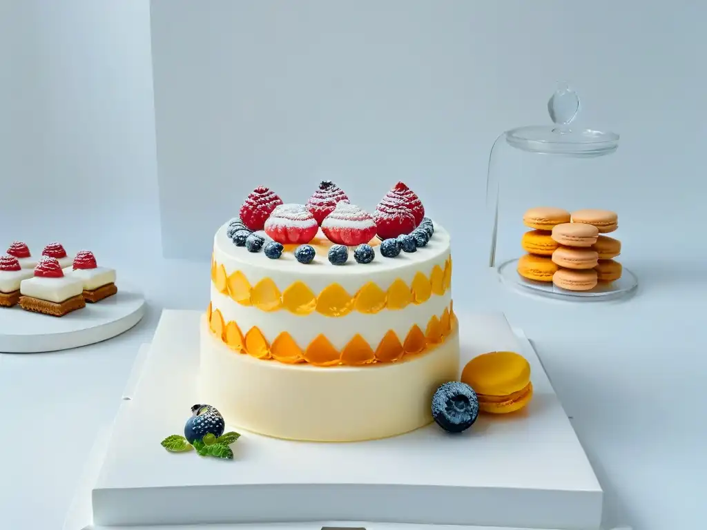 Mesa de postres minimalistas para eventos: elegancia y sofisticación en delicias geométricas y macarons pastel
