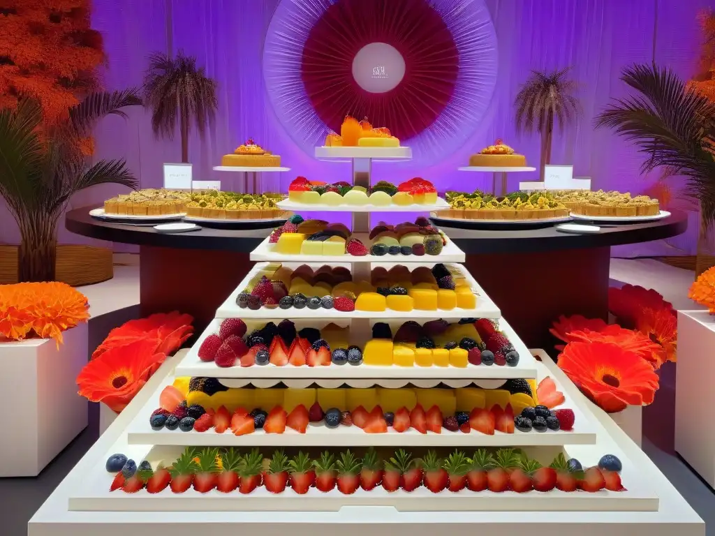 Una mesa de postres moderna y elegante en un evento corporativo, destacando una variedad de delicias globales y exóticas