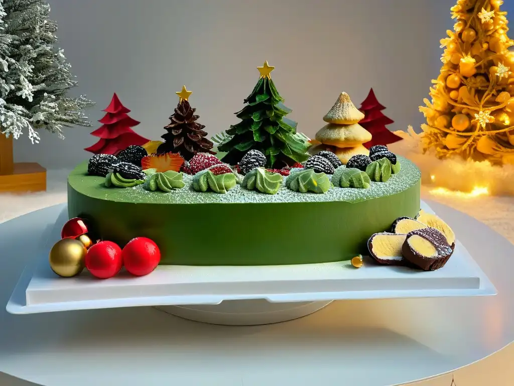 Una mesa de postres navideños innovadores con decoración elegante y minimalista en tonos verde, rojo y dorado