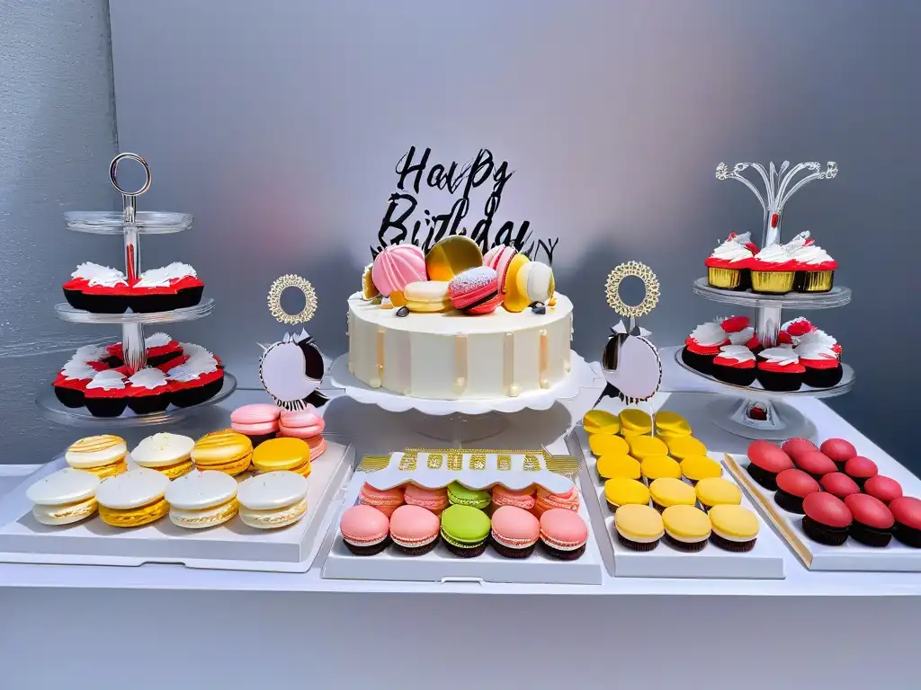 Exquisita mesa de postres de cumpleaños minimalista y lujosa Una mesa de postres populares para fiestas de cumpleaños llena de elegancia y estilo