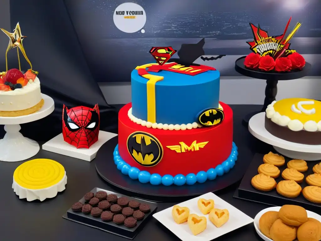 Mesas de postres superheroicas: creatividad en cada bocado Una mesa de postres temáticos superhéroes creativos, con dulces inspirados en icónicos personajes de cómics, en un ambiente elegante y vibrante
