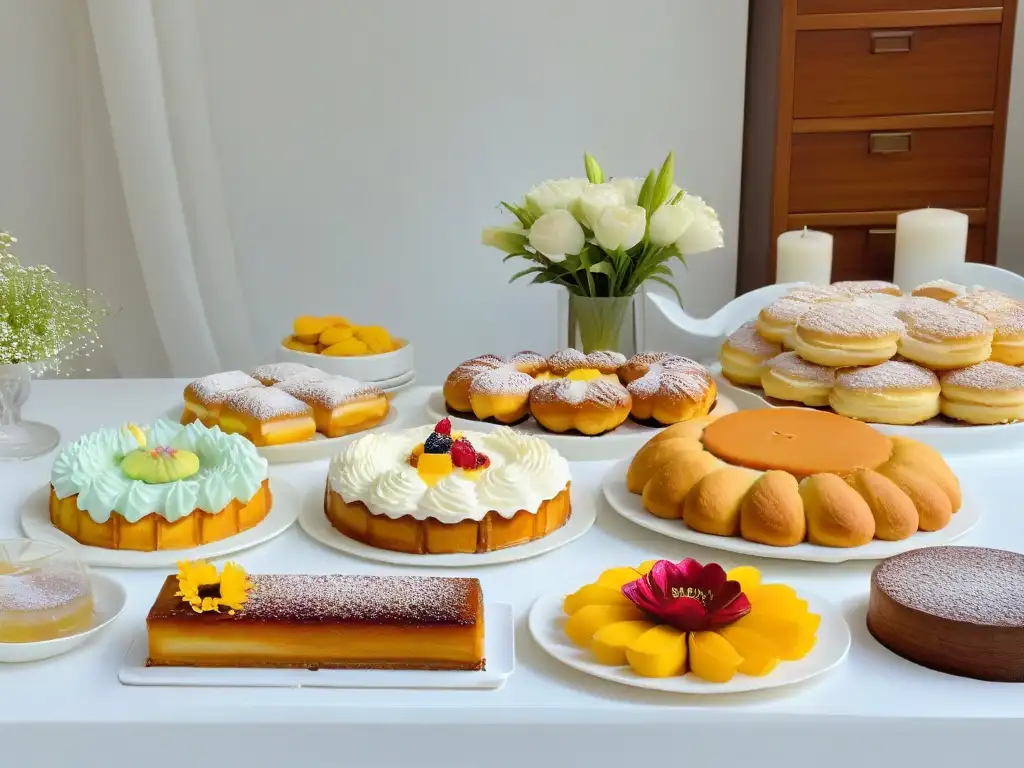 Una mesa de Pascua con postres tradicionales de Semana Santa, elegante y serena, adornada con flores en tonos pastel y toques dorados