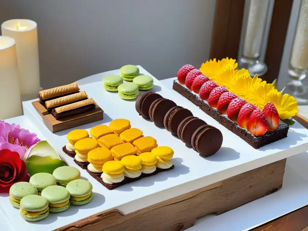 Una mesa de postres veganos sin gluten bellamente decorada con macarons veganos, brownies sin gluten, trufas de coco y pudín de semillas de chía