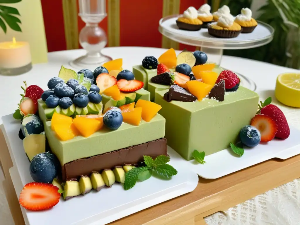 Mesa de postres veganos orgánicos para fiestas con delicias de frutas, mousse de aguacate y macarons de coco, decorada con flores frescas y elegantes