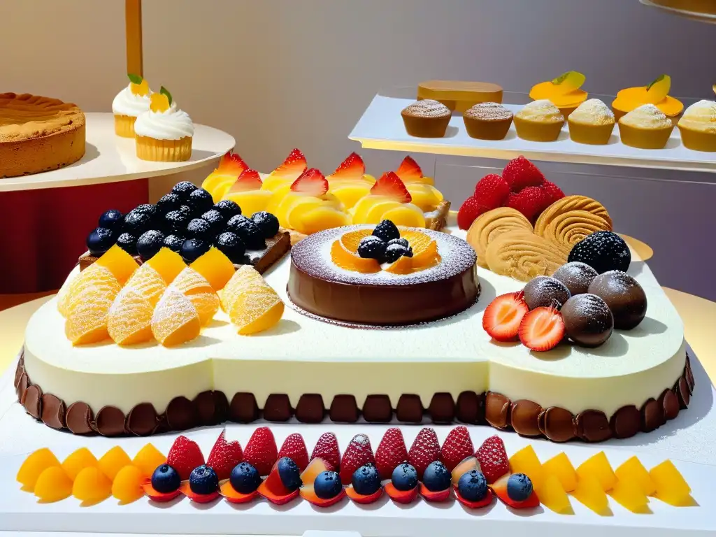Exquisita mesa de postres: tradicionales y modernos Una mesa de postres vibrante y detallada, con una variedad de dulces tradicionales y modernos, muestra la transformación endulzante en repostería