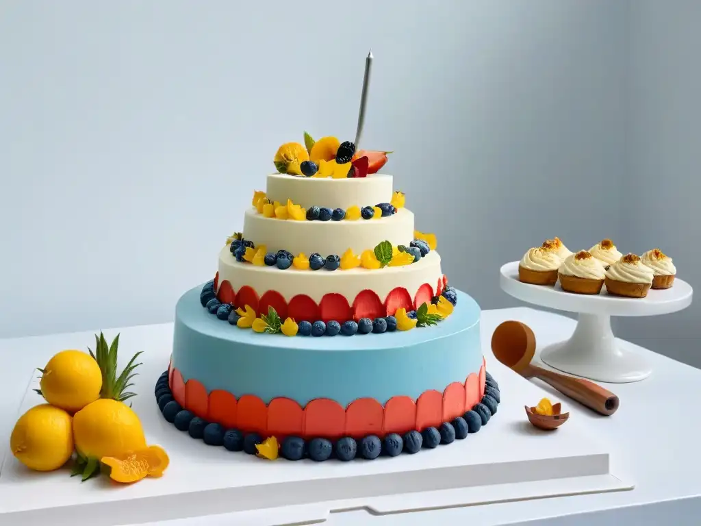 Una mesa de postres vibrante en Pastelería Vegana Festivales Globales, con dulces innovadores y coloridos