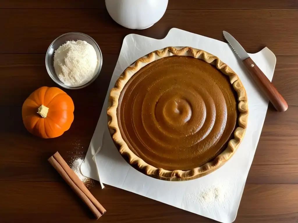 Una mesa rústica con ingredientes para la receta tradicional de Pumpkin Pie en Acción de Gracias