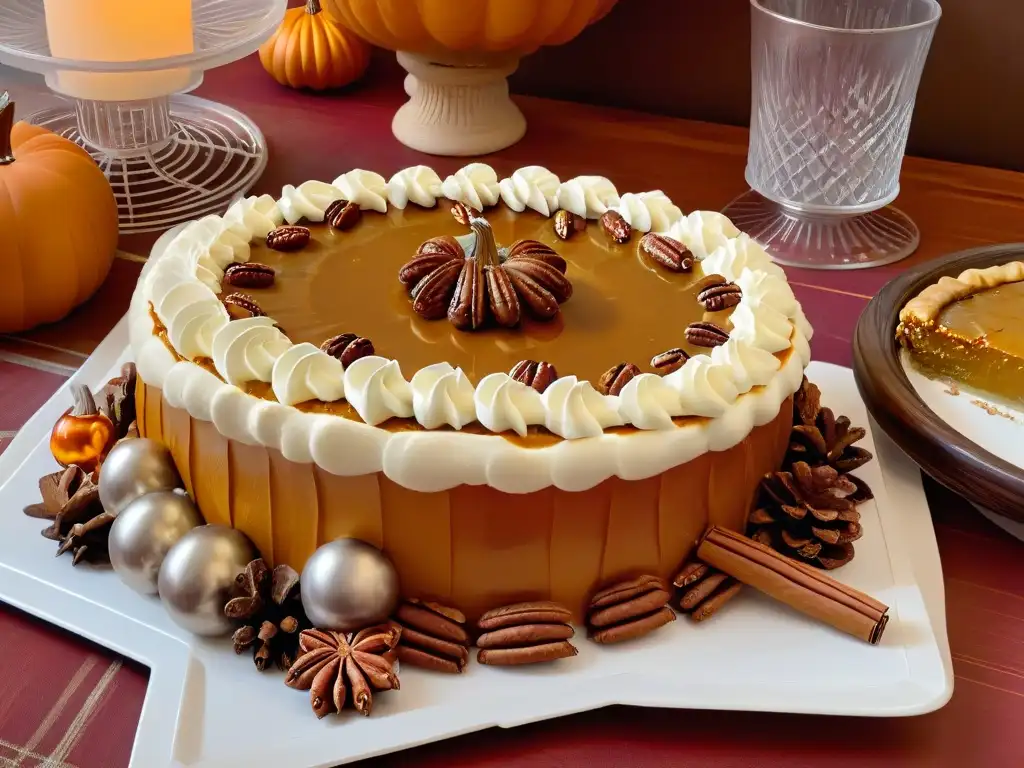 Una mesa rústica con postres icónicos Thanksgiving en elegantes platos blancos y decoraciones otoñales