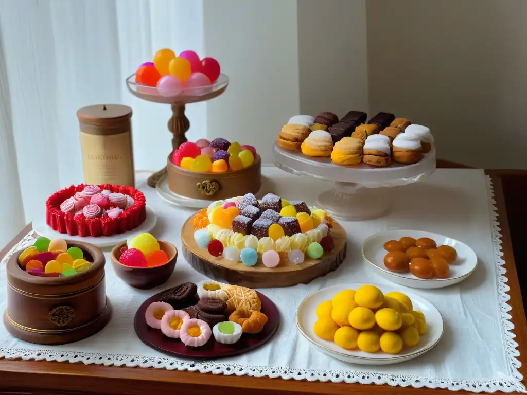 Deliciosos dulces y golosinas en mesa de madera rústica Una mesa rústica con una variedad de dulces tradicionales, como caramelos coloridos y pasteles, en platos antiguos y encajes delicados