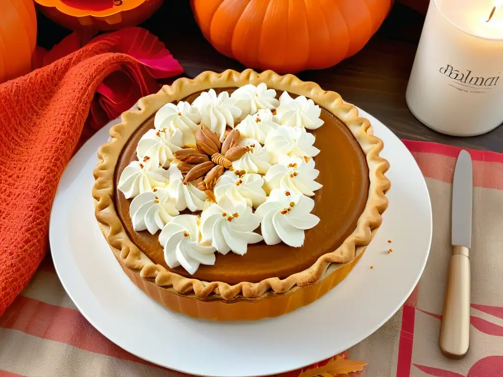 Una mesa tradicional de Acción de Gracias con una exquisita pumpkin pie dorada y decorada, rodeada de vajilla elegante y flores de temporada