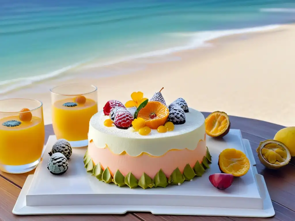 Una mesa veraniega vibrante con postres australianos y bebidas refrescantes, decorada con flores nativas frente a un atardecer en la playa