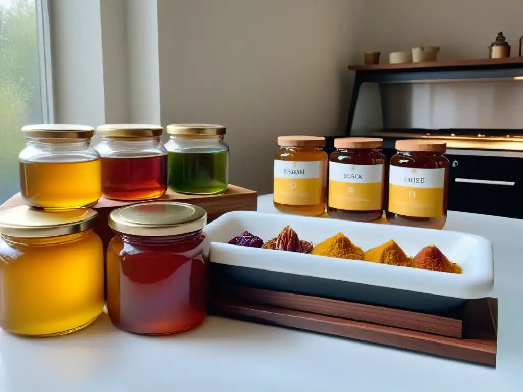Encantadora colección de edulcorantes naturales para repostería vegana Mesada de cocina moderna con endulzantes naturales para repostería vegana en elegantes frascos de vidrio