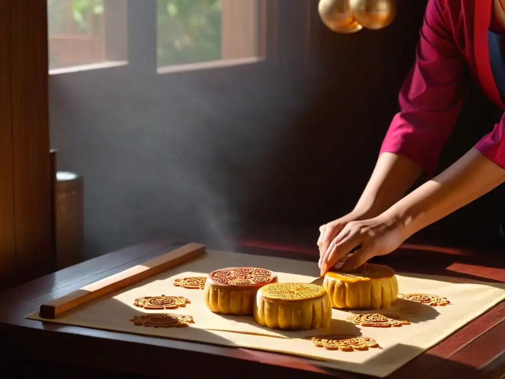 Preparación meticulosa de Mooncakes en cocina tradicional china para el Festival de Otoño