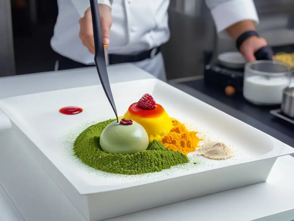 Preparación meticulosa de postre de gastronomía molecular en cocina moderna