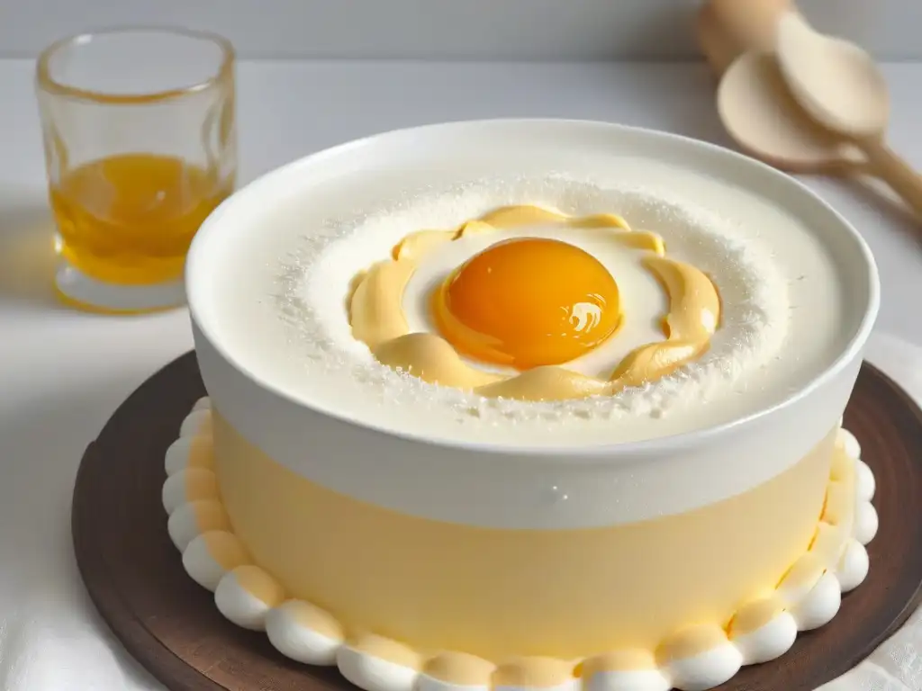 Preparación de mezcla dorada de huevos, azúcar y vainilla en un cuenco blanco