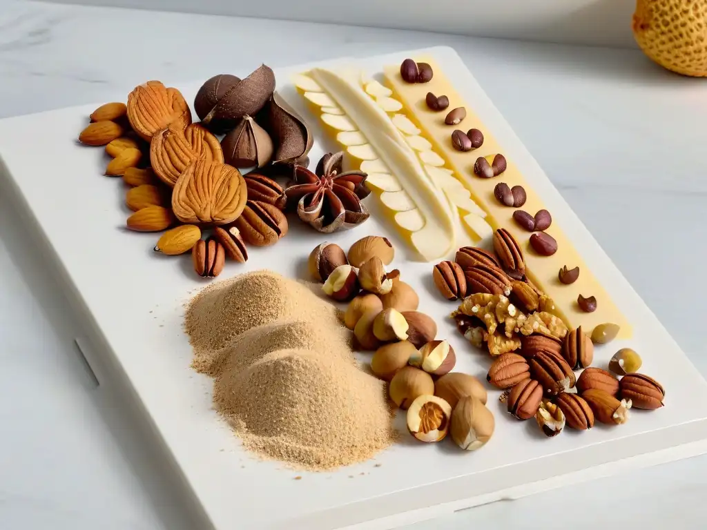 Exquisita mezcla de frutos secos en mármol Una mezcla elegante de nueces en un moderno mostrador de mármol