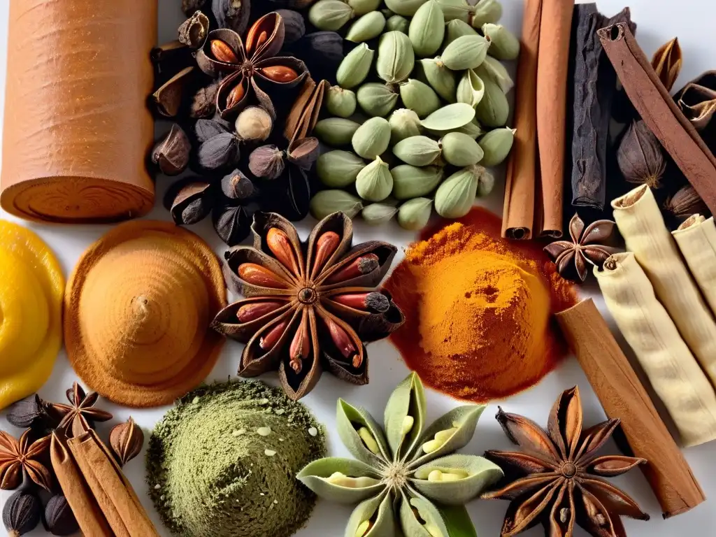 Exquisita variedad de especias: 8k de colores, texturas y formas únicas Una mezcla de especias vibrantes y aromáticas, perfecta para usar especias en postres, sobre un elegante fondo blanco