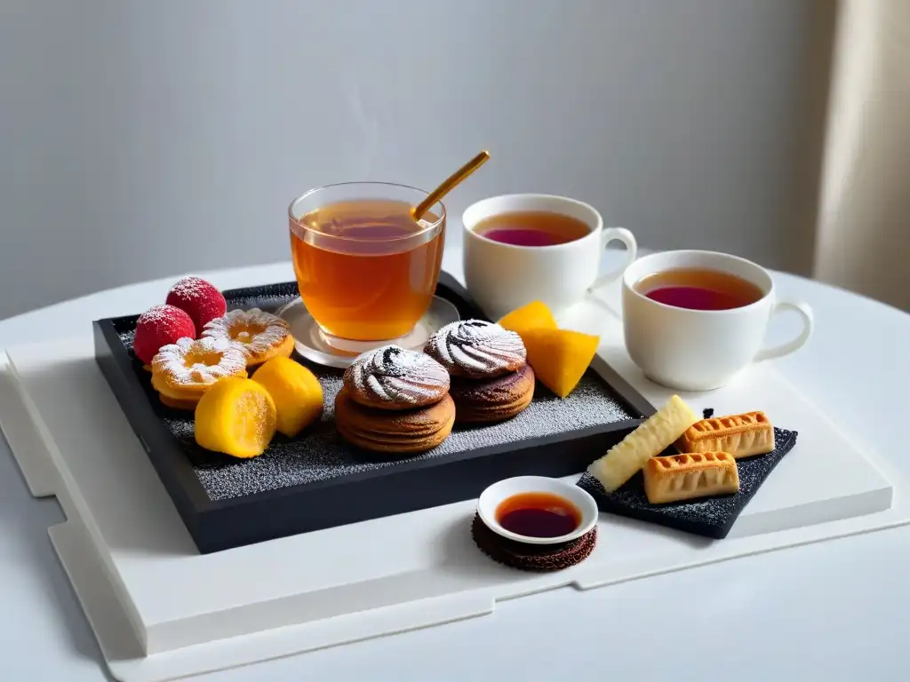 Una mezcla de té y postres exquisitamente presentada en una bandeja moderna, con vapor etéreo y detalles vibrantes