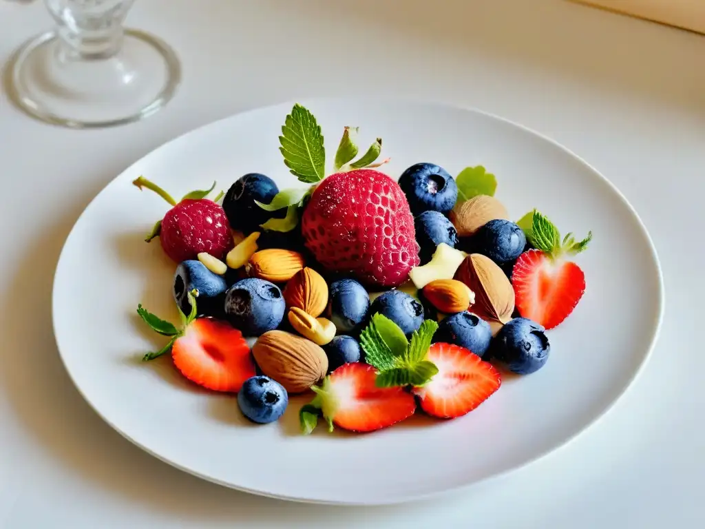 Delicioso contraste: Frutas y frutos secos en blanco Una mezcla vibrante de bayas frescas y nueces en un elegante plato blanco, resaltando los beneficios de postres saludables