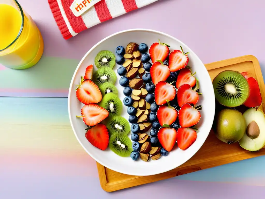 Una mezcla vibrante de frutas frescas en un bol blanco moderno sobre fondo pastel