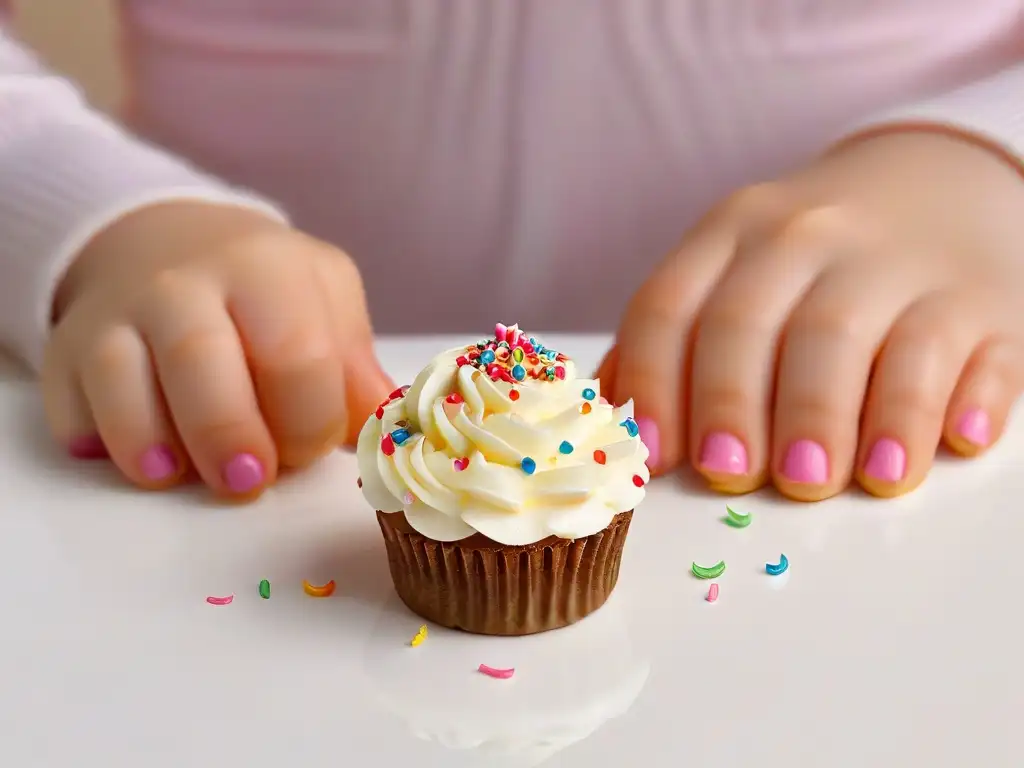 Manos de niño decorando mini cupcake con sprinkles coloridos Mini postres: manos pequeñas seguras decorando un cupcake con coloridos sprinkles sobre superficie blanca