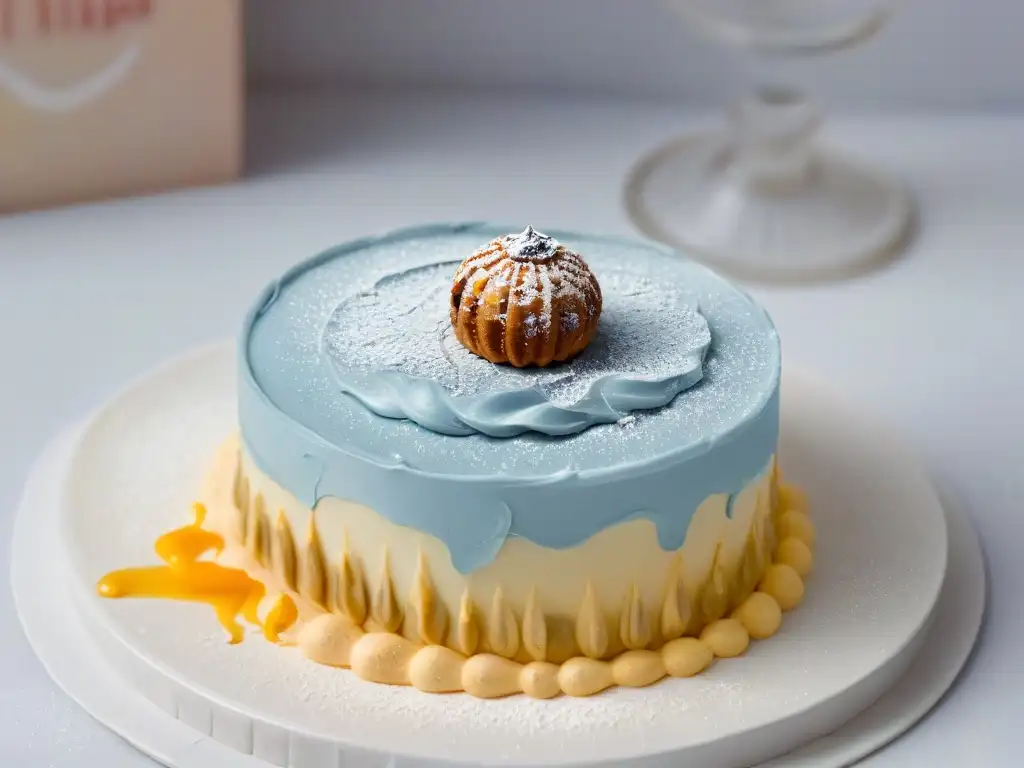 Miniatura de postre decorado con pintura comestible en tonos pastel, detalle artístico en repostería