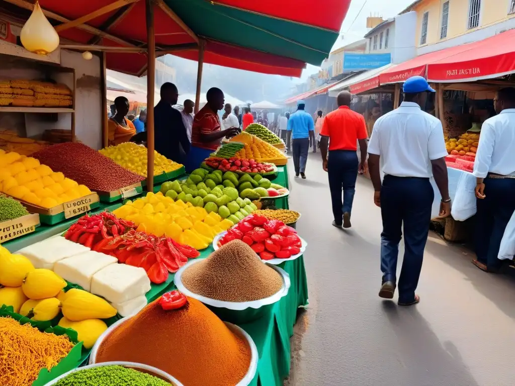 Ilustración minimalista de un animado mercado mozambiqueño con locales vendiendo frutas, especias y pan
