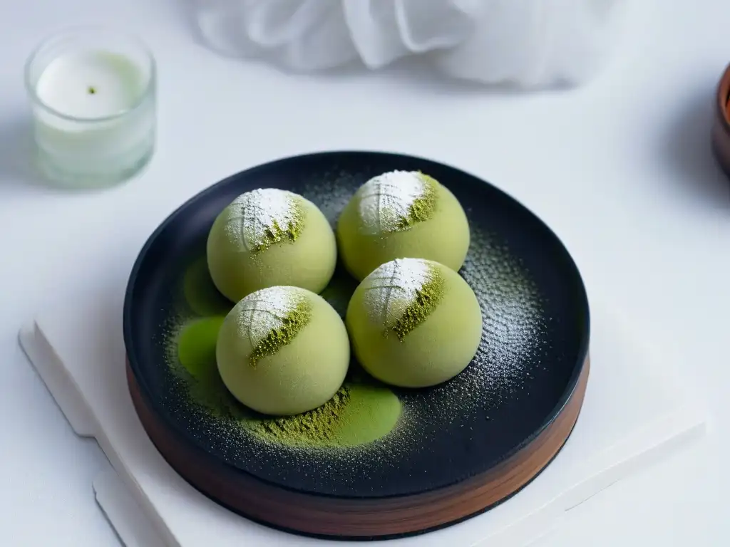 Un mochi redondo y suave, cubierto de polvo de matcha, en plato negro elegante