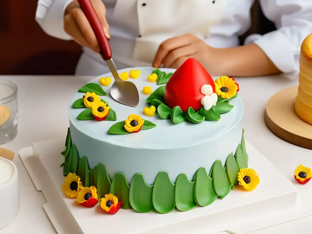 Maestro pastelero esculpiendo figura de fondant en escena vibrante Modelado de personajes para pasteles: Chef pastelero creando figura de fondant en mesa de mármol con decoraciones vibrantes