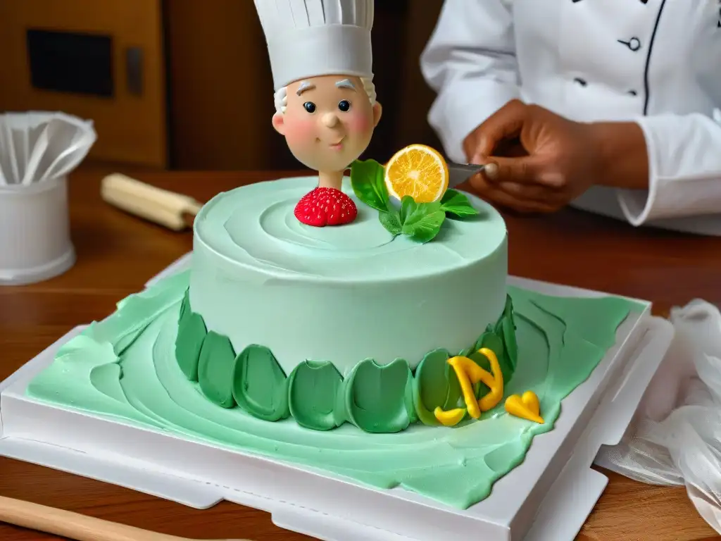 Maestro pastelero modelando con precisión y arte en fondant Modelado de personajes para pasteles: Maestro repostero esculpe con precisión una figura de fondant, mostrando arte y dedicación
