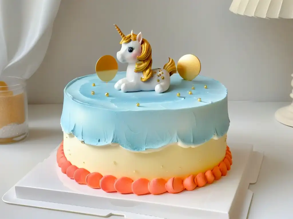 Fantástico unicornio de fondant en pastel de colores Modelado de personajes para pasteles: Majestuoso unicornio de fondant con melena brillante y cuerno dorado en tarta de colores pastel