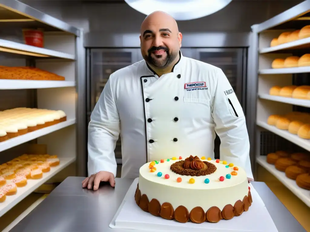 Maestro pastelero Duff Goldman: innovación y creatividad en la cocina Duff Goldman en su moderna cocina de repostería en Hollywood, rodeado de ingredientes y herramientas de pastelería, con expresión determinada