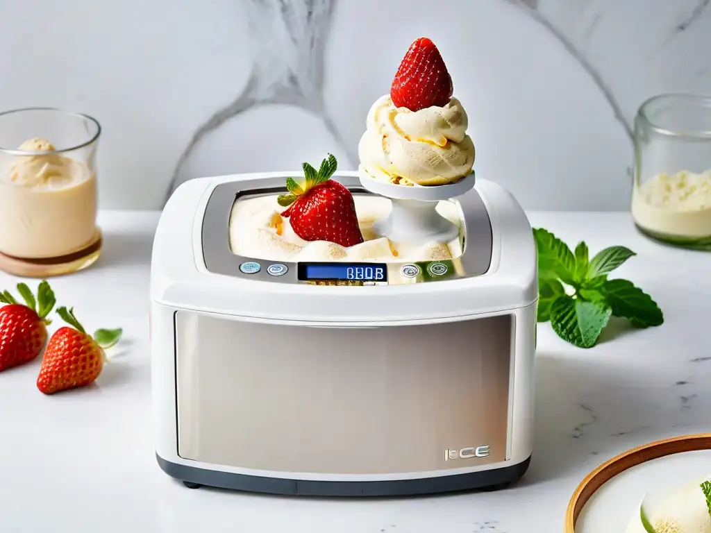 Una moderna máquina para hacer helados gourmet de acero inoxidable, rodeada de ingredientes frescos en un elegante ambiente