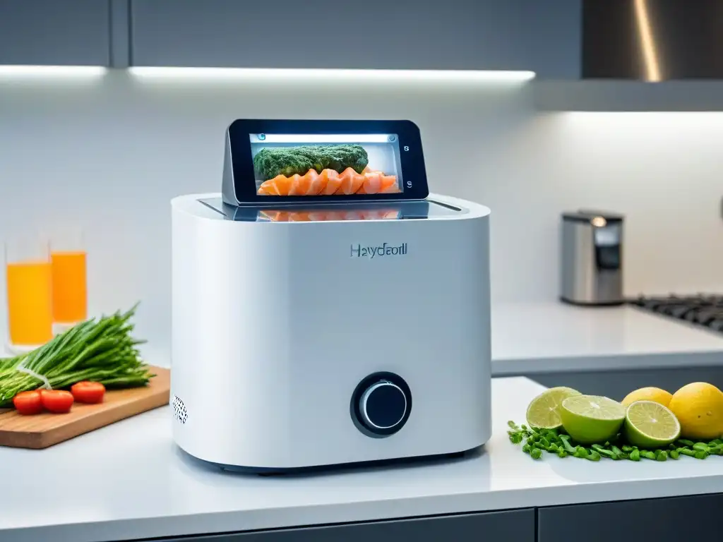 Moderno aparato SousVide en cocina minimalista, con líneas limpias y iluminación ambiental, ideal para repostería creativa