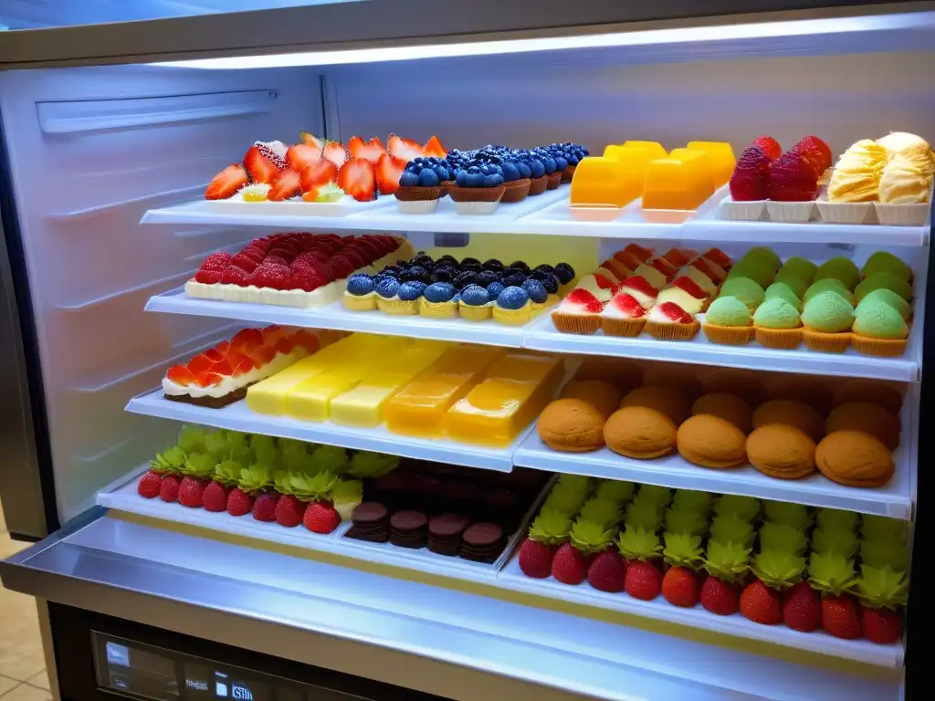 Un moderno aparato de refrigeración exhibiendo postres coloridos y decadentes, iluminado con luz suave