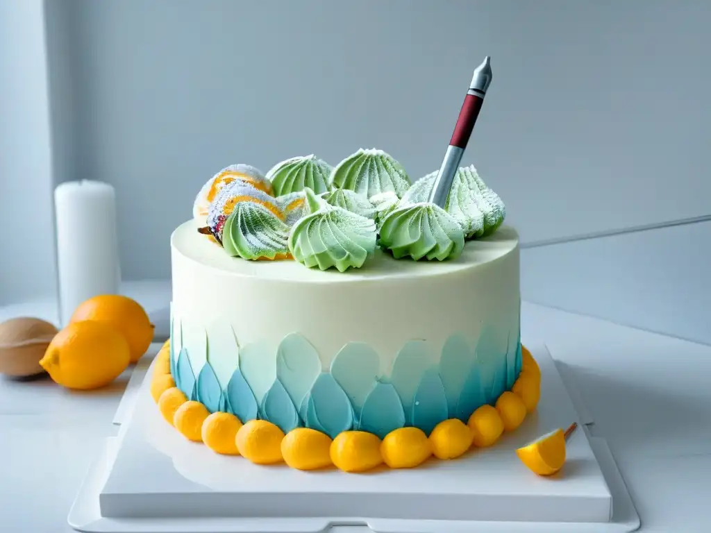 Un moderno mostrador de cocina con un elegante pastel decorado con Realidad Aumentada, fusionando innovación y creatividad