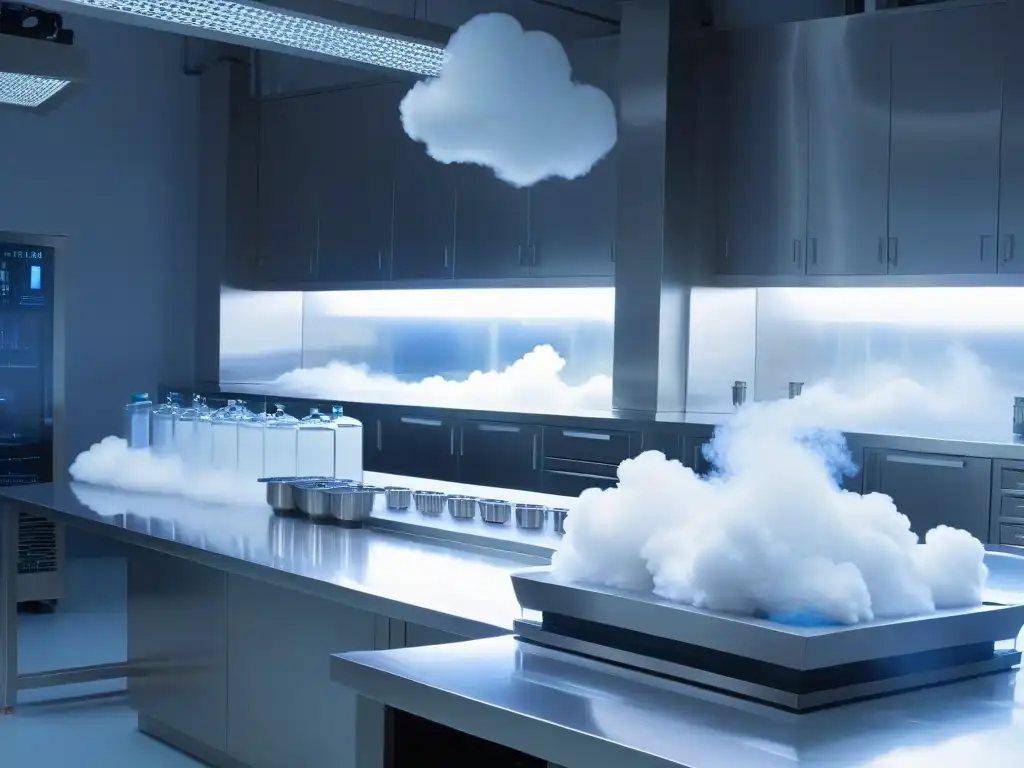 Lab futurista: ambiente seguro con nitrógeno líquido Lab moderno con nitrógeno líquido, recetas sorbetes