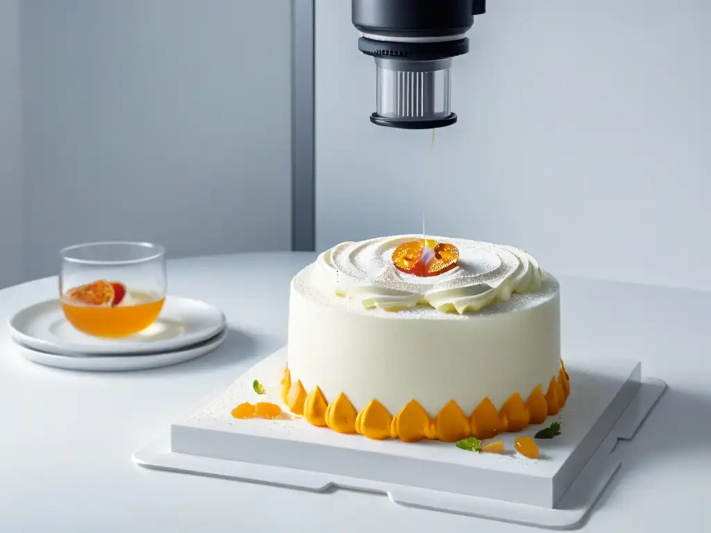 Un 3D printer moderno crea un postre seguro para alérgicos en una cocina blanca y elegante