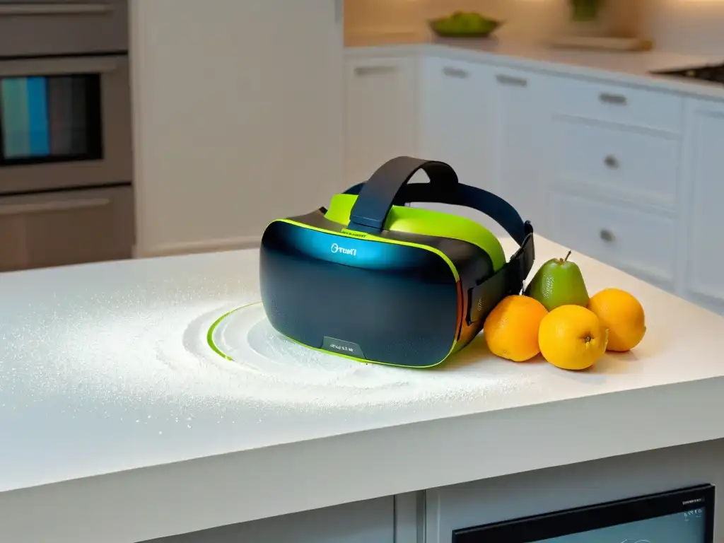 Un moderno auricular de Realidad Virtual sobre una encimera de cocina limpia, iluminado por una luz cálida