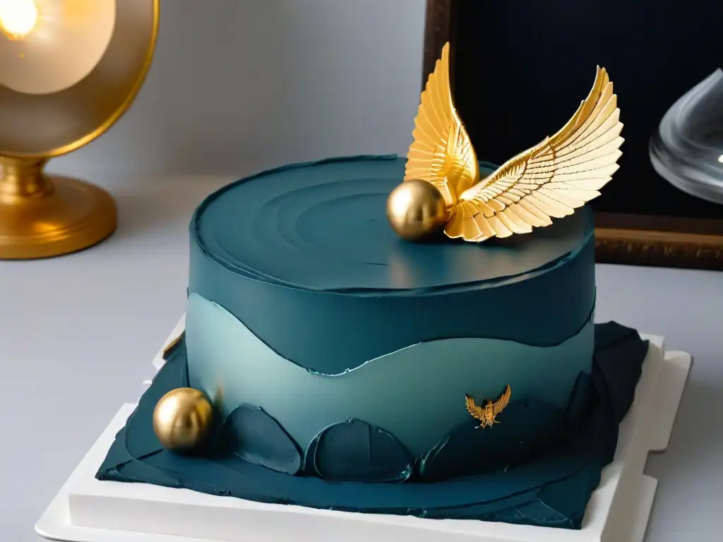 Molde de pastel de Snitch dorada: detalle mágico Molde de pastel de la Snitch Dorada con alas delicadas, detalles intrincados sobre fondo negro, ideal para utensilios repostería Harry Potter