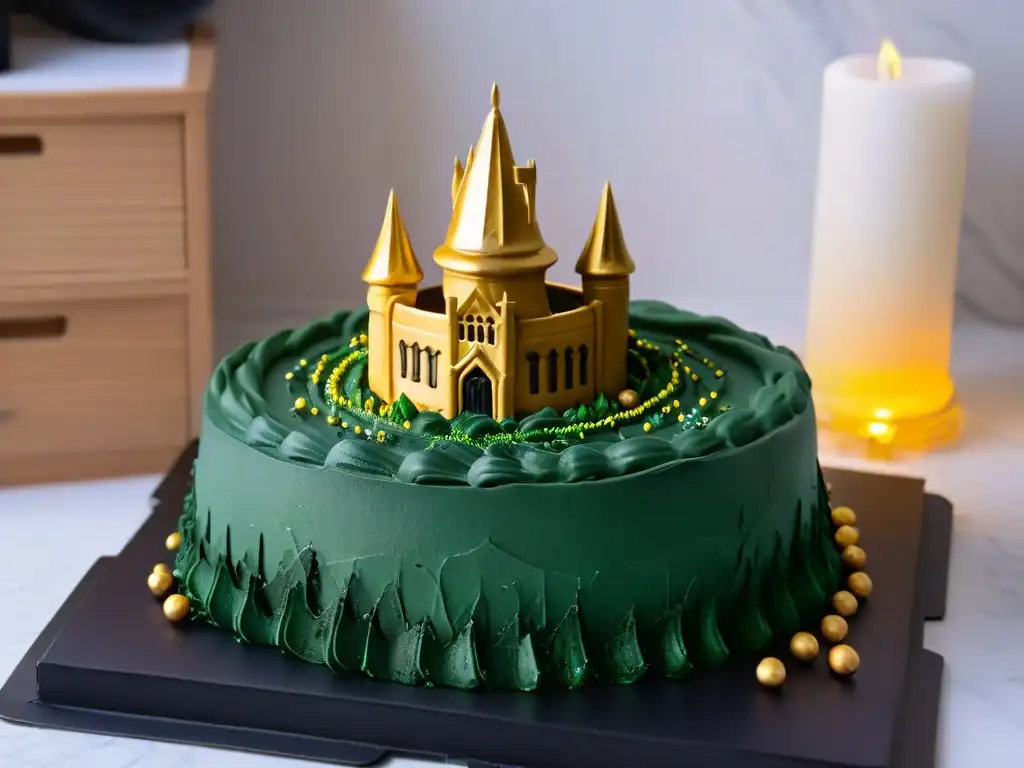 Un molde de pastel negro y dorado en forma de castillo de Hogwarts, rodeado de sprinkles dorados en un elegante mostrador de mármol blanco