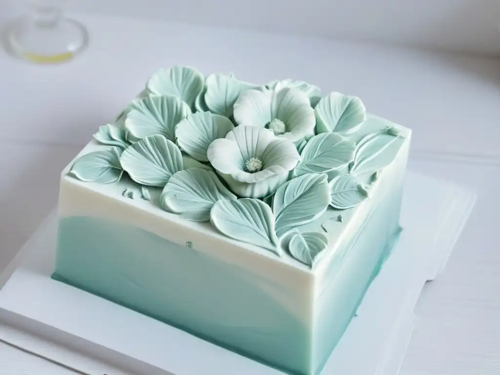 Molde de silicona para repostería creativa en tono pastel, con patrones florales intrincados y bordes suaves, sobre encimera de mármol blanco