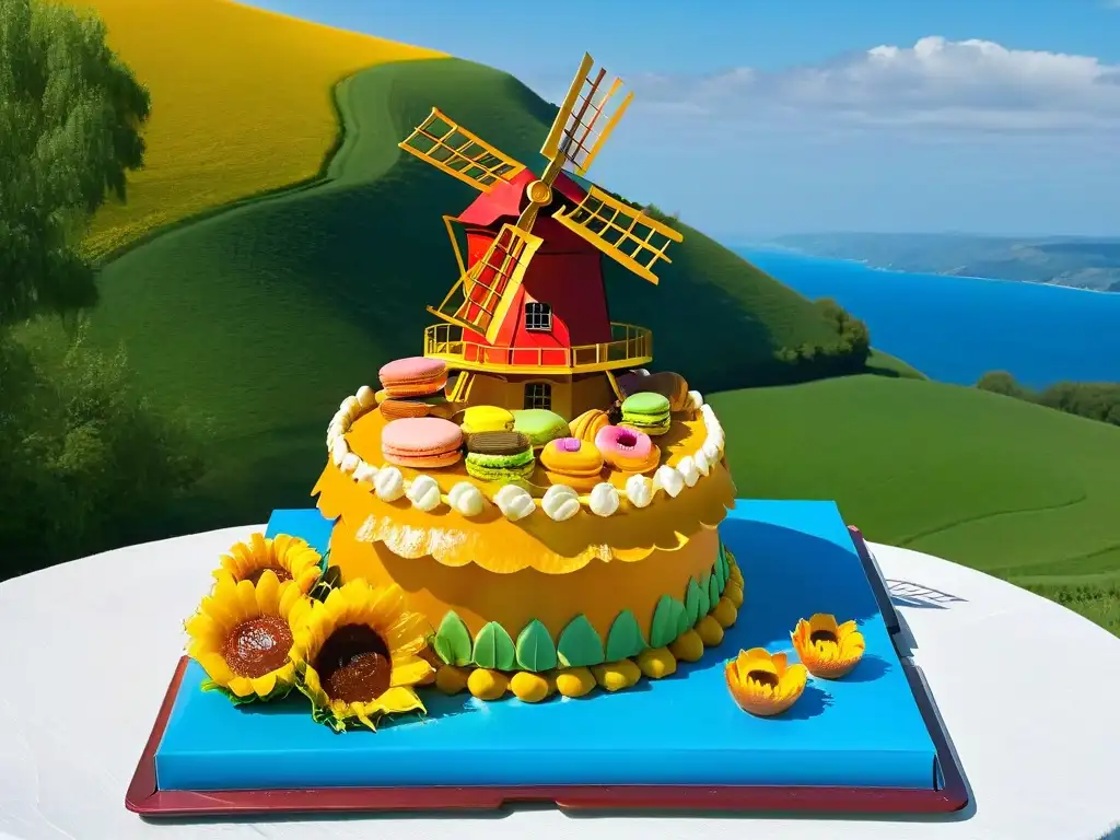 Un molino de viento español hecho de repostería delicada, rodeado de girasoles y cielo azul