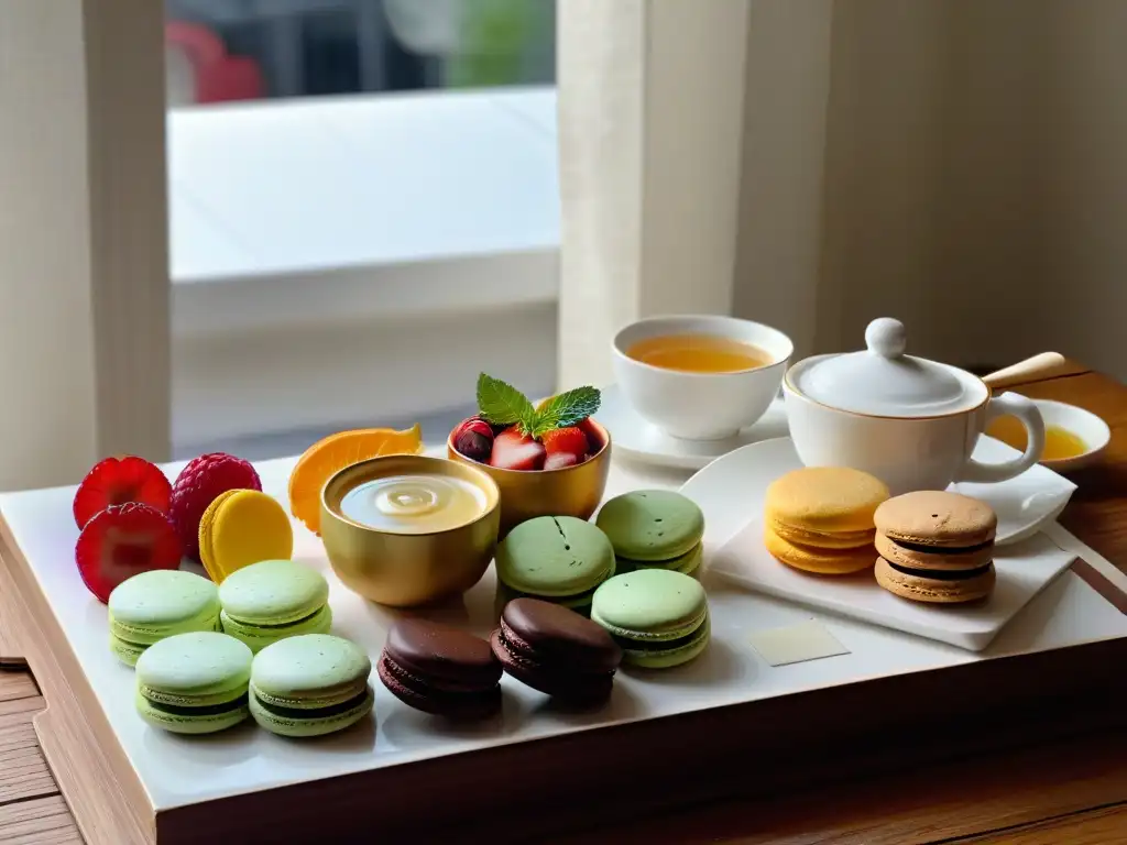 Un momento de indulgencia: una escena elegante con una taza de té blanca y postres rodeados de luz matutina