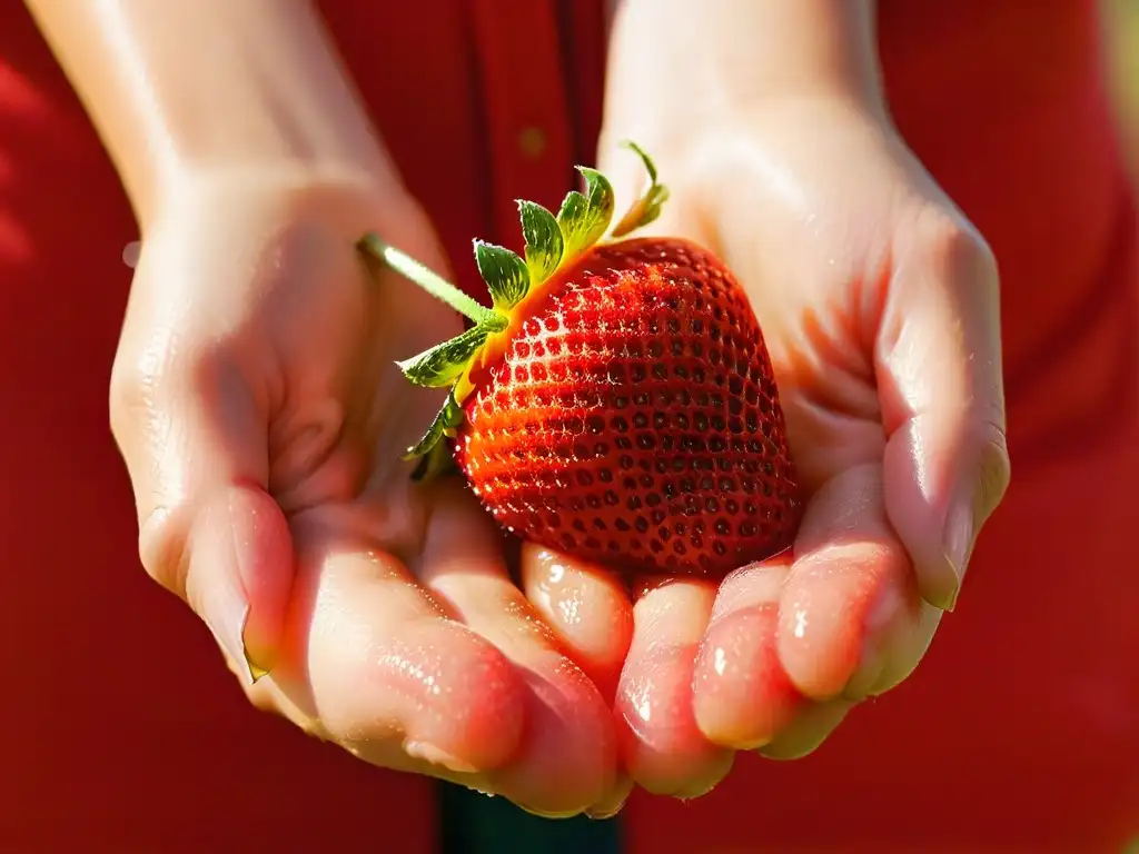 Manos delicadas sosteniendo una fresca fresa roja Un momento de conexión con la naturaleza: manos sosteniendo una fresa roja y brillante, resaltando la importancia de frutas y nueces de cultivo ético