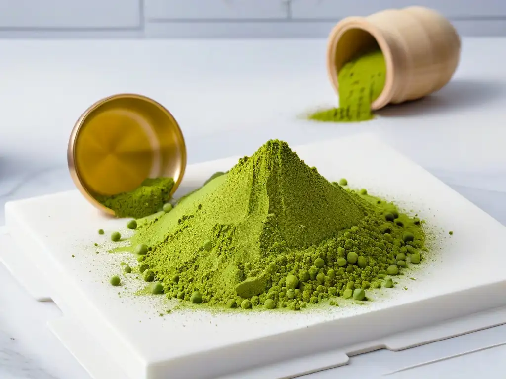 Montículo de matcha verde sobre mármol blanco, detalle y armonía