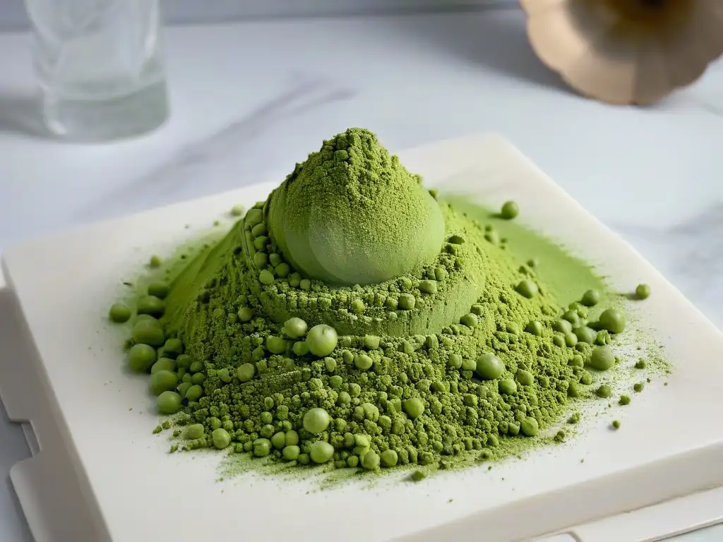 Montículo perfecto de matcha calidad superior postres sobre mármol blanco, iluminado por luz natural